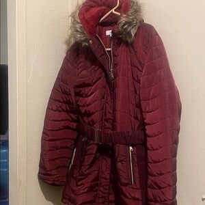 Burgundy Quilted Coat with Faux Fur Hood